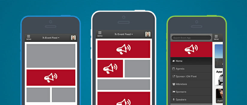 3 phones showing possible event app sponsorship opportunities