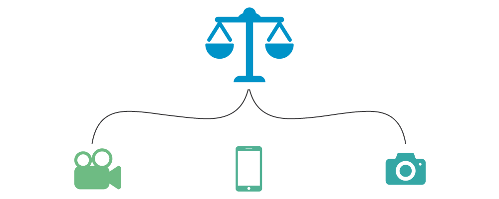 A graphic image shows the scales of justice over icons for a video camera, a mobile phone, and a photography camera