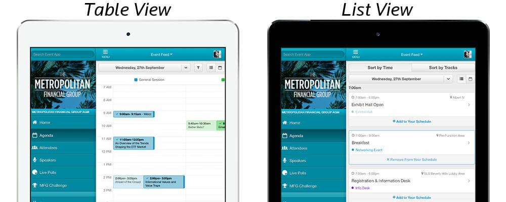 Two ipads showing mobile event apps with Table View and List View