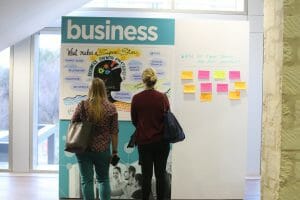 Post its on a board with two women reading them