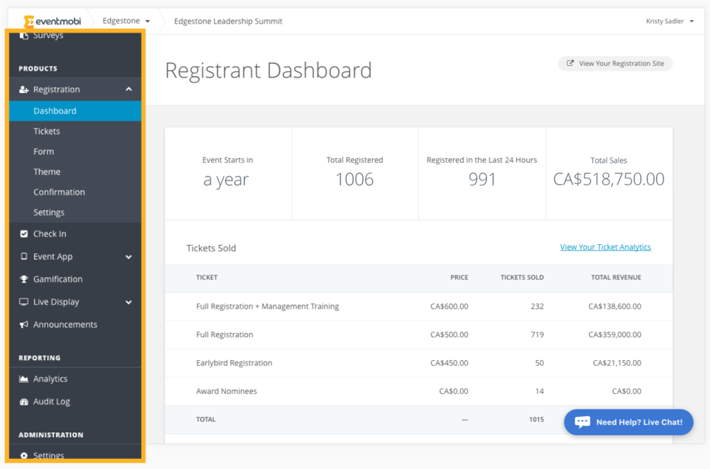 Event registrant dashboard