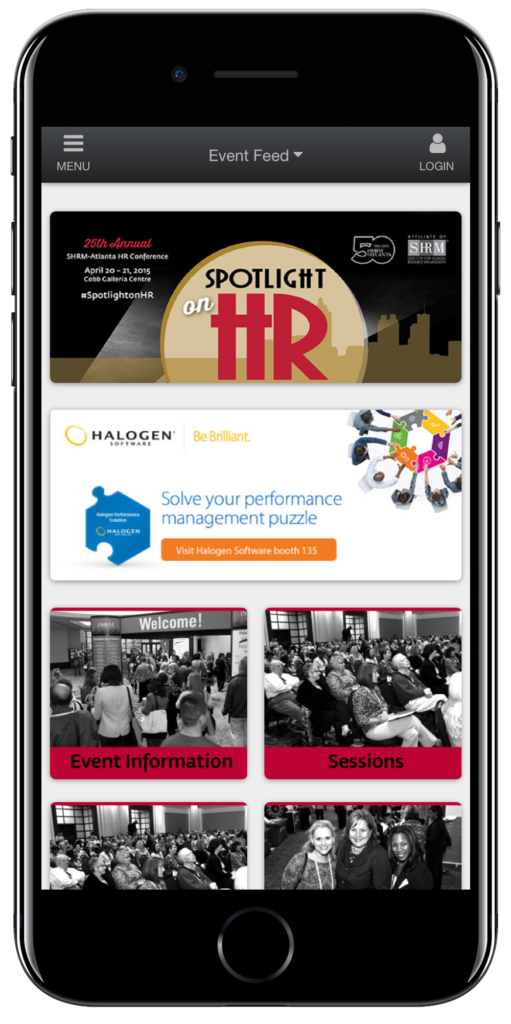 Spotlight On HR's Event App homepage, complete with event and session information and a sponsor banner. 