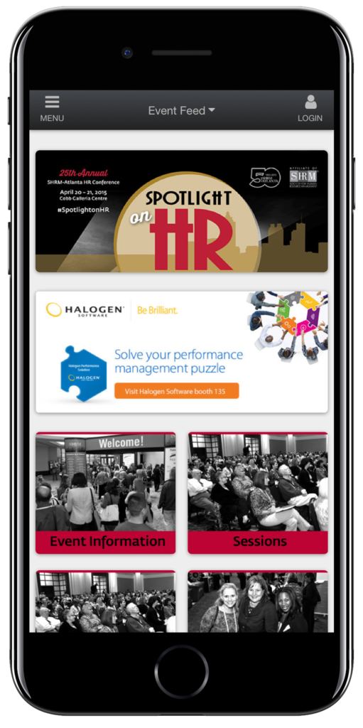 Spotlight On HR's Event App homepage, complete with event and session information and a sponsor banner. 