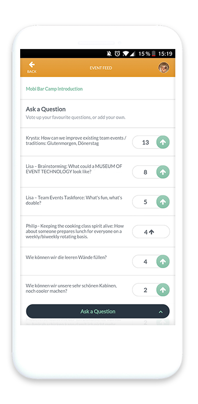 Mockup EventMobi Q&A Funktion Lisbon 2018