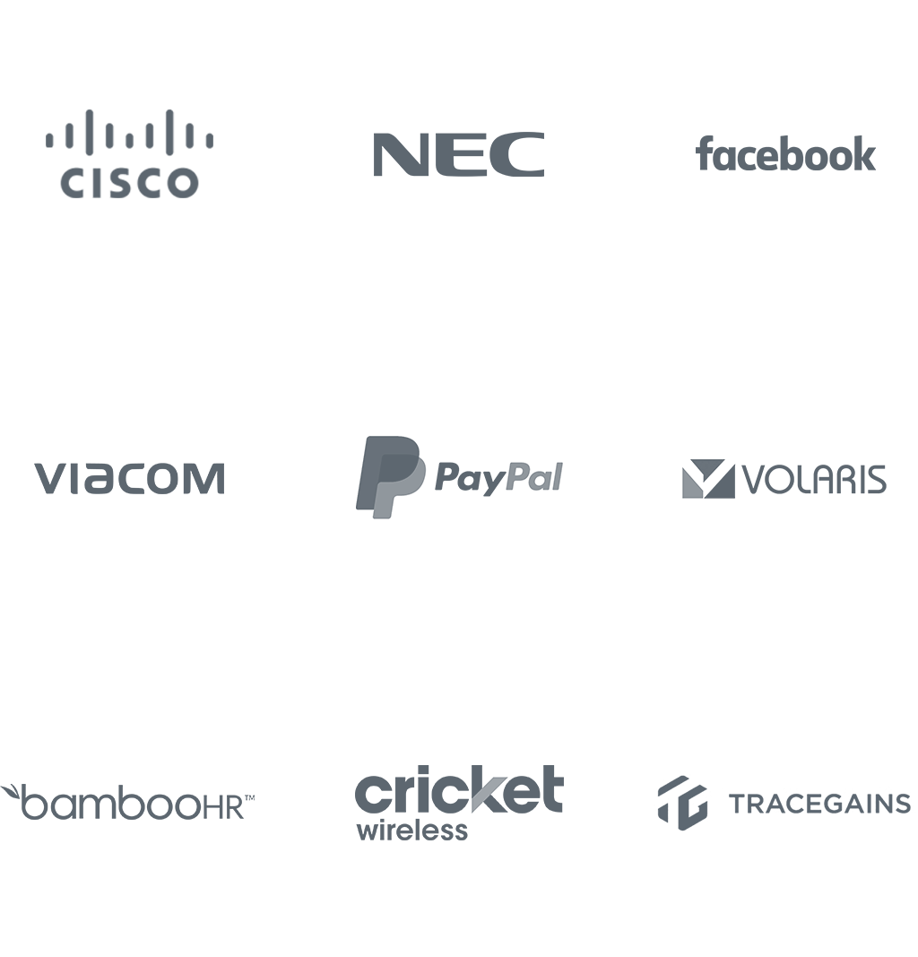 Client Logos Including: Cisco, NEC, Facebook, Viacom, Pay Pal, Volaris, Bamboo HR, Cricket Wireless, Tracegains