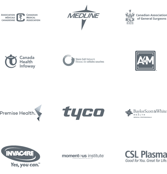 Our Client Logos including: the Canadian Medical Association, Medline, The Canadian Association of General Surgeons, Canada Health Infoway, Stem Cell Network, American Academy of Anti-Aging Medicine, Inc., Premise Health, Tyco, Baylor Scott & White Health, Invacare, Momentous Institute, and CSL Plasma
