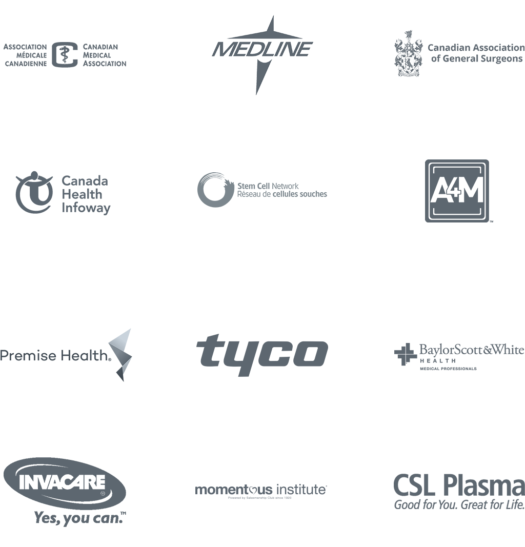 Our Client Logos including: the Canadian Medical Association, Medline, The Canadian Association of General Surgeons, Canada Health Infoway, Stem Cell Network, American Academy of Anti-Aging Medicine, Inc., Premise Health, Tyco, Baylor Scott & White Health, Invacare, Momentous Institute, and CSL Plasma