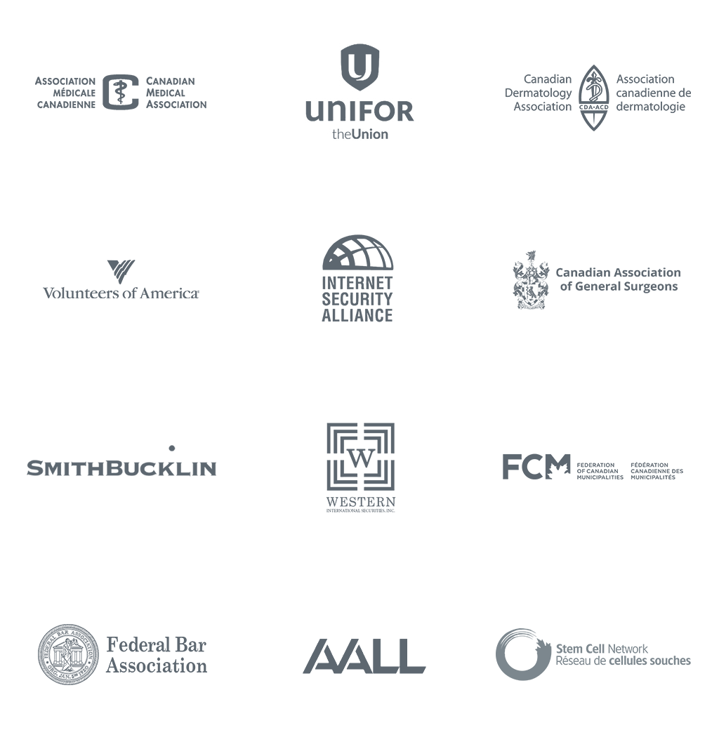EventMobi event app for associations - Customer Logos, including: The Canadian Medical Association, IEEE, The Canadian Dermatology Association, Volunteers or America, Internet Security Alliance, Canadian Association of General Surgeons, Smith Bucklin, Unifor, Federation of Canadian Municipalities, Federal Bar Association, American Association of Law Libraries, and the Stem Cell Network