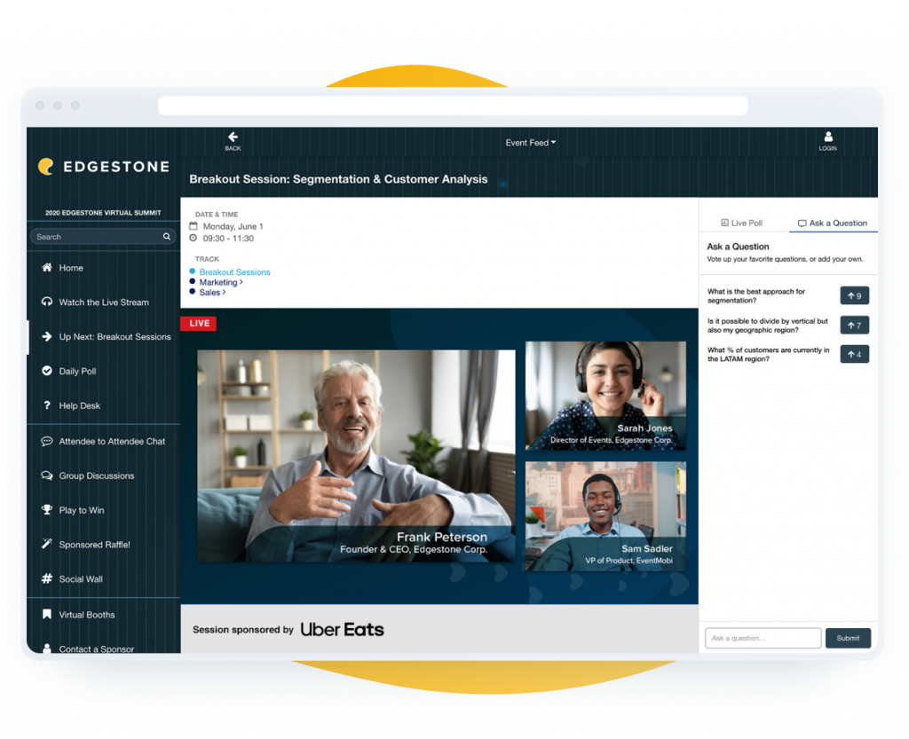 Event Virtual Space with multi-video livestream session, sponsorship, and attendee engagement features