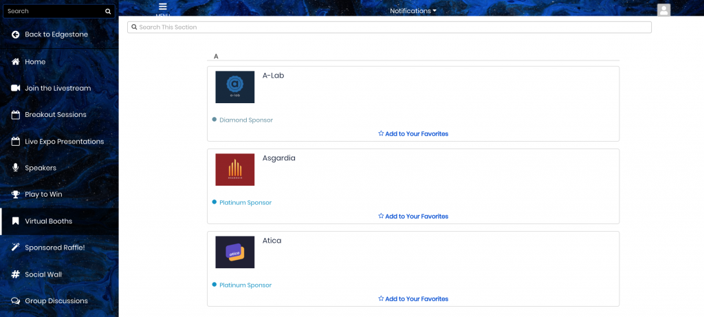 Examples of sponsor company profiles in the EventMobi Virtual Event Space