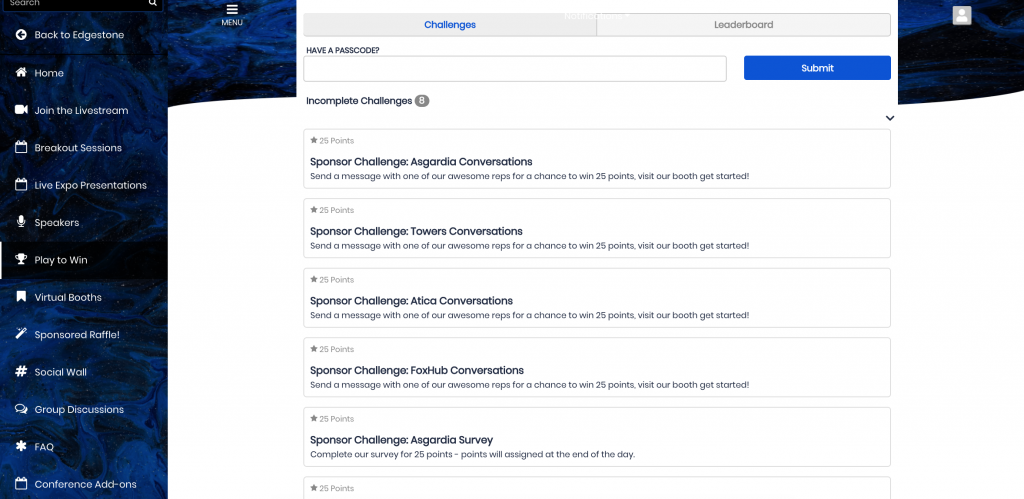 Examples of sponsored gamification challenges in the EventMobi Virtual Event Space