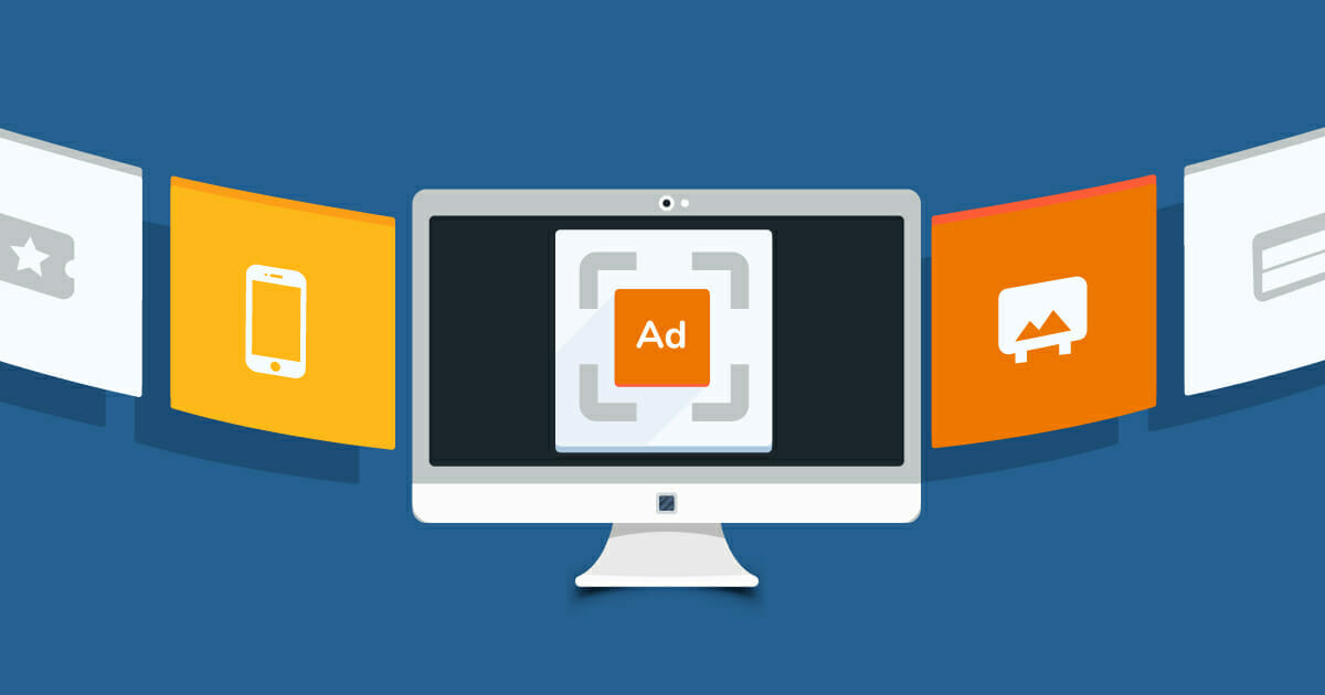 A graphic of a computer screen showing an orange square with the word 'Ad' on it