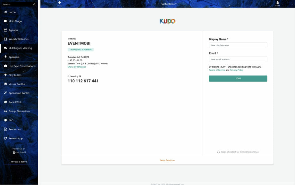 Kudo multilingual session login in the EventMobi Virtual Space