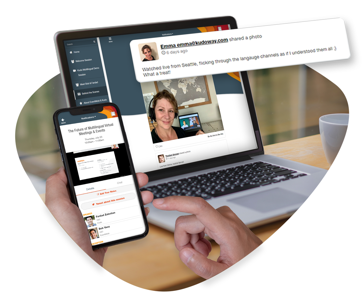 Multilingual conference on mobile event app and laptop virtual space