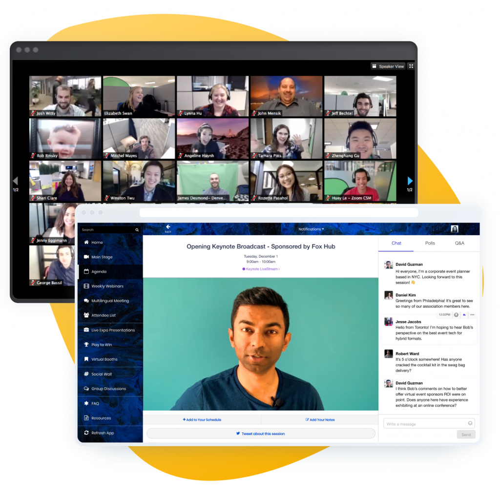 Some windows showing EventMobi's virtual conference platform