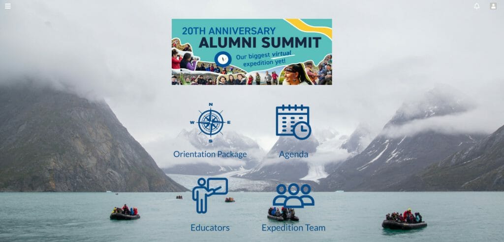 A virtual platform home screen showing a background image of a lake with mountains behind, overlaid with a top banner and four blue icons