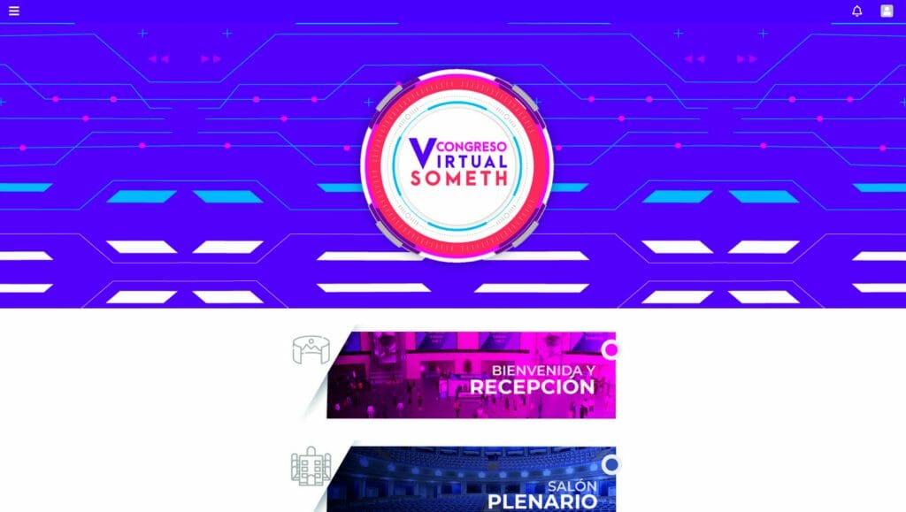 A virtual conference platform design showing a blue patterned top banner with two widgets in pink and blue on a white background below