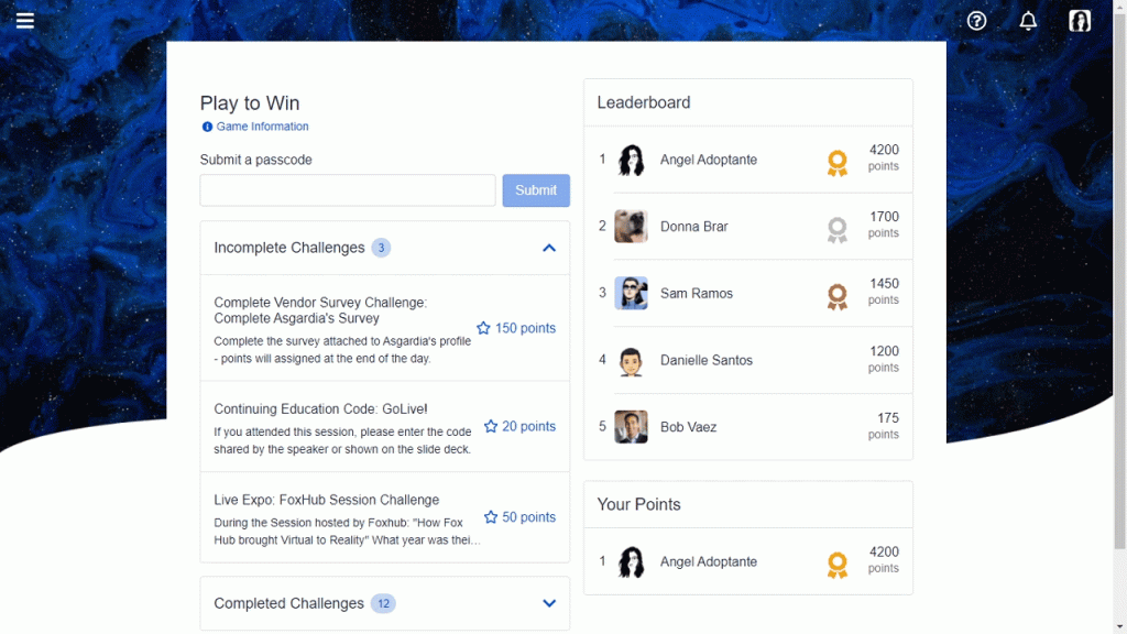 A leaderboard leads directly to an attendee profile, where personal information can kickstart networking activities in the virtual event platform.