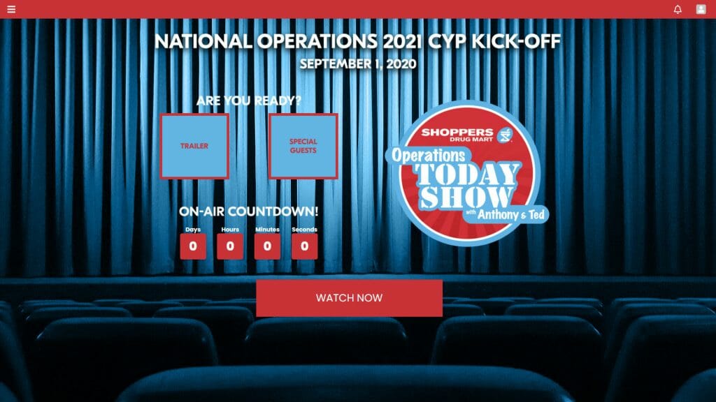 A virtual conference platform design showing a background image of a blue-tinged theater with a closed curtain and seats, overlaid with red, white and blue widgets