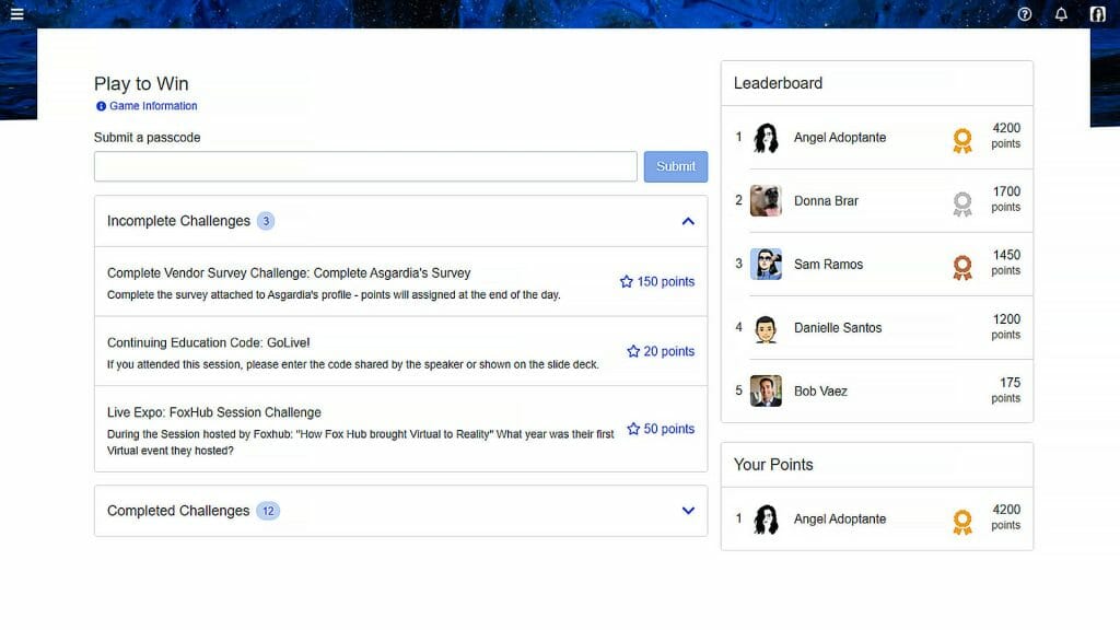 A list of gamification challenges with a tiered number of points based on sponsorship level, alongside the real-time attendee leaderboard.