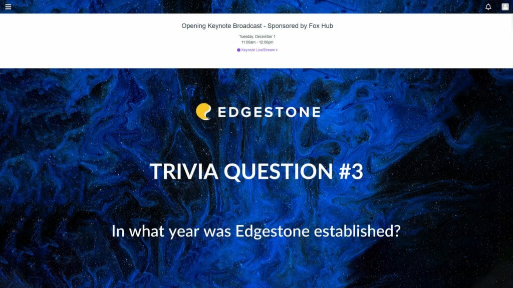 A sample trivia question that quizzes attendees on useful information about a virtual event sponsor.