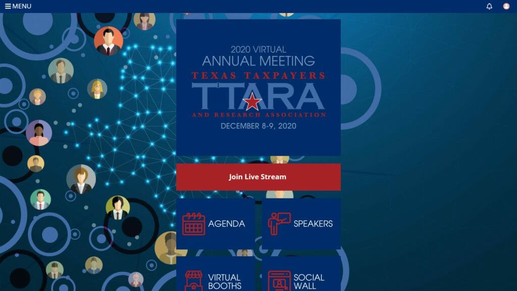 A virtual home screen design showing a blue background graphic with icons of people's heads overlaid with a top banner and several widgets in blue and red