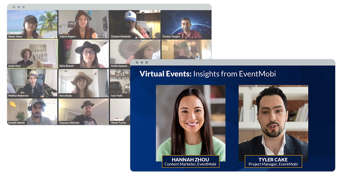 A screenshot of a standard Zoom meeting in the background with a screenshot of a professionally produced two-speaker panel with lower thirds in the foreground
