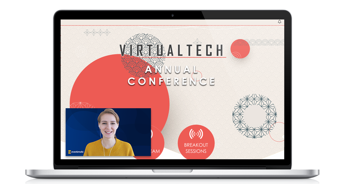 Ein Laptop-Bildschirm mit der Aufschrift "Virtualtech Annual Conference" und einem Video der Referentin unten links sowie den gebrandeten visuellen Elementen einer professionellen Livestream-Produktion.