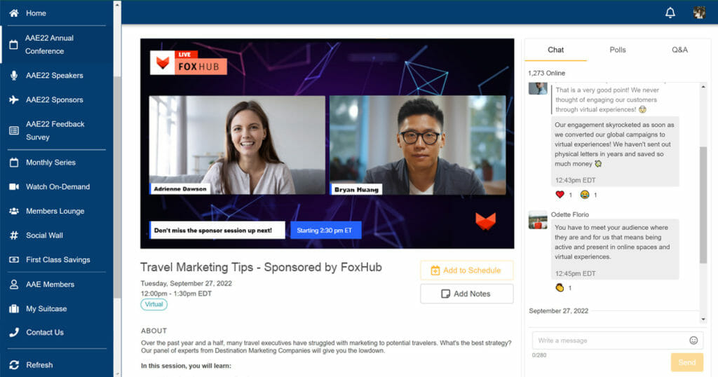 Event organizers are investing in professional, branded live stream production, as shown with the sponsored virtual conference webinar visible on screen in this image.