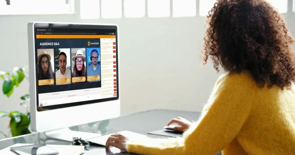Setting an example for hybrid events, a virtual event participant watches multiple video streams during an interactive Q&A session.