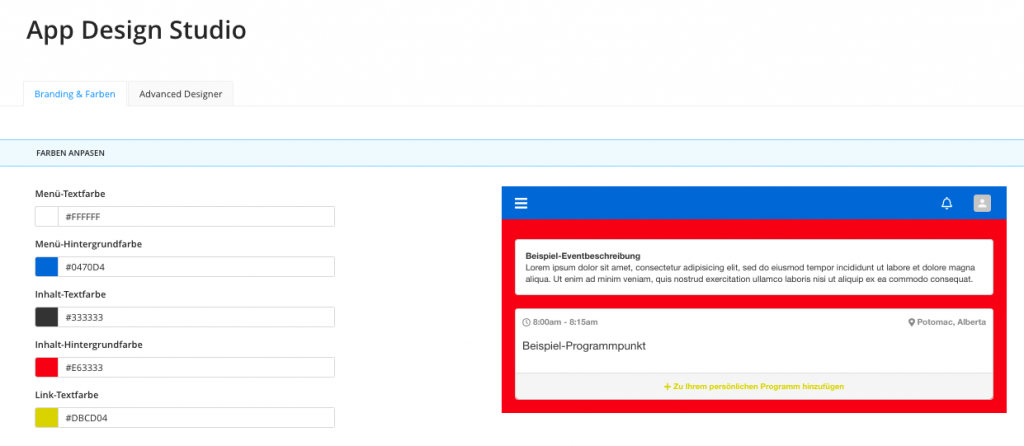 Ein Screenshot des App Design Studio im EventMobi Experience Manager mit Tools zur Farbauswahl für verschiedene Bereiche des virtuellen Evenportals