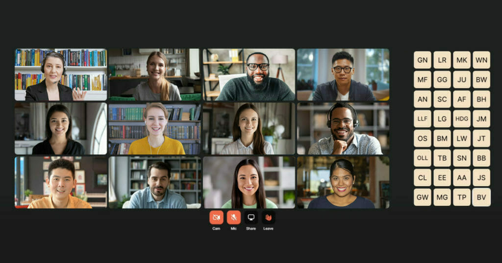 Ein interaktiver Meetingraum zeigt mehrere Teilnehmer-Videos in einem Raster an