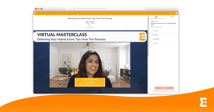 On a virtual event platform, two speakers present using the simulive format for a virtual conference session type with educational value.