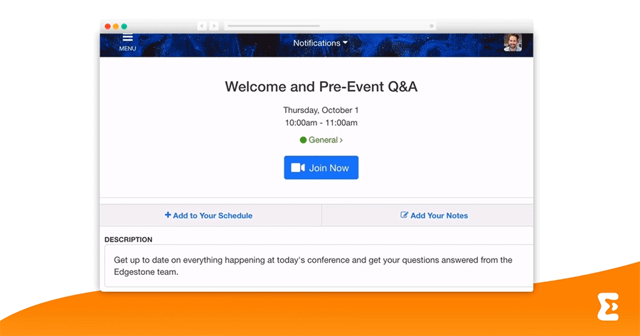 A virtual conference attendee navigates through the event platform to join a virtual meeting using Zoom integration.