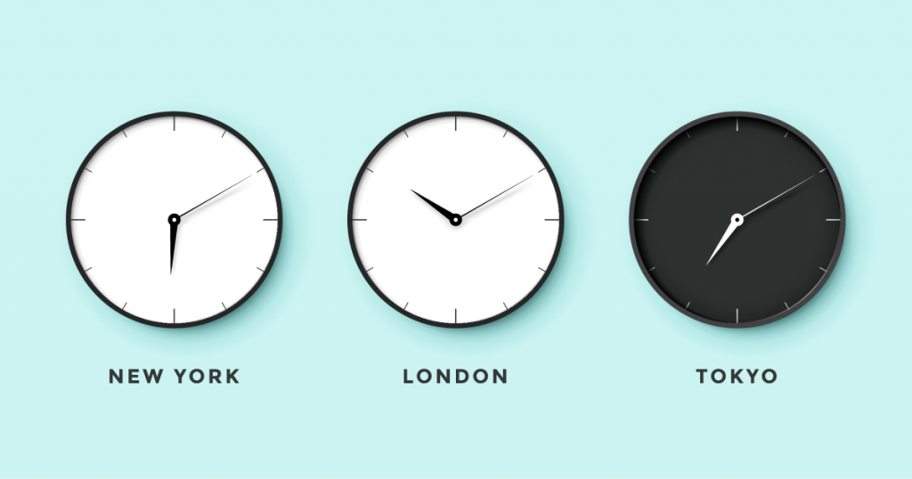 Three clocks show the time in different time zones for New York, London and Tokyo