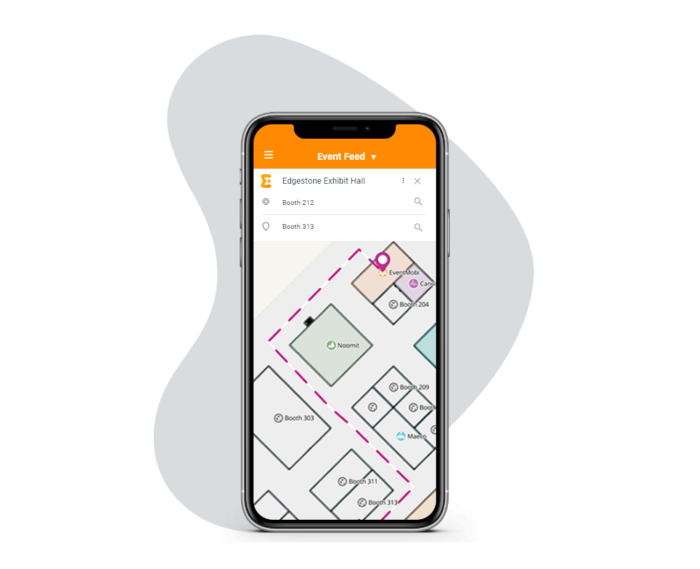 A mobile conference app with interactive mapping shows an event registrant where to go