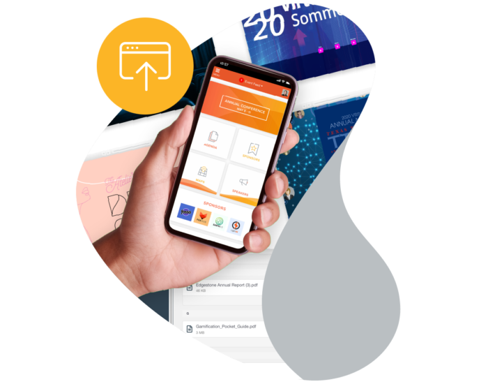 A mobile event app that provide access to the document library and content library visible in the backgroun