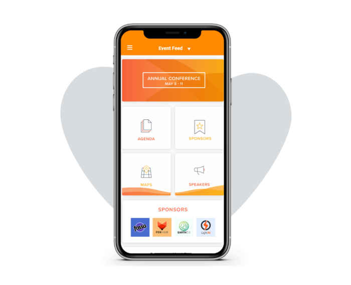 A mobile event app home screen showcases sponsor logos and a special sponsor widget