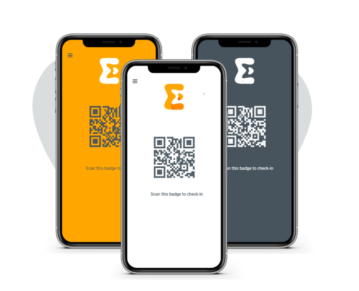 Three mobile phones display QR code event badges that attendees can use to check in