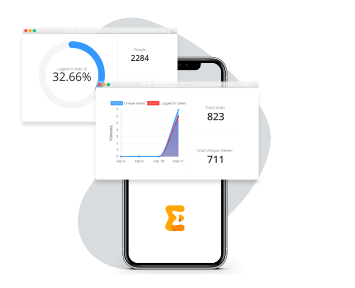 Event platform analytics are displayed in front of a mobile screen view of the event app
