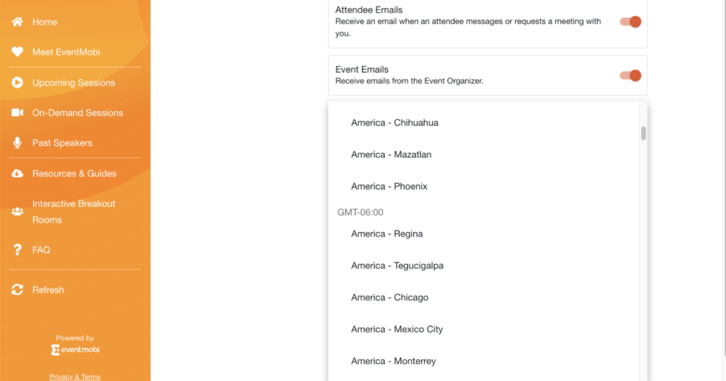 In their settings, attendees can manually select their preferred time zone if they wish to override the detected time zone.