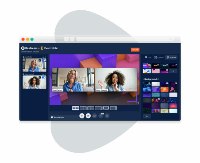 Two remote camera feeds are combined with picture in picture effect on the live streaming platform built for event organizers -- LiveStream Studio.