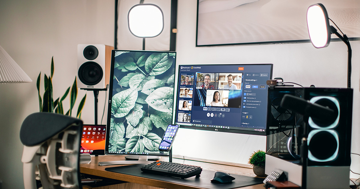 An event organizer learns the ropes from 'Live streaming 101: The Ultimate Guide for Beginners,' and begins live streaming multiple speakers from a desktop computer.