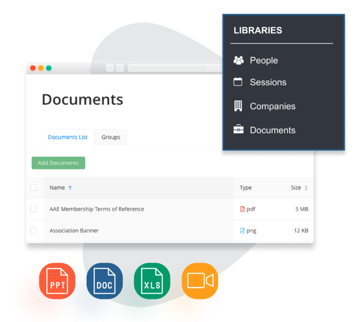 EventMobi document library in a browser window, and the libraries menu.