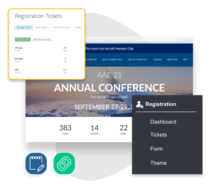 An event marketing website landing page in a browser window and EventMobi registration and ticketing menus.