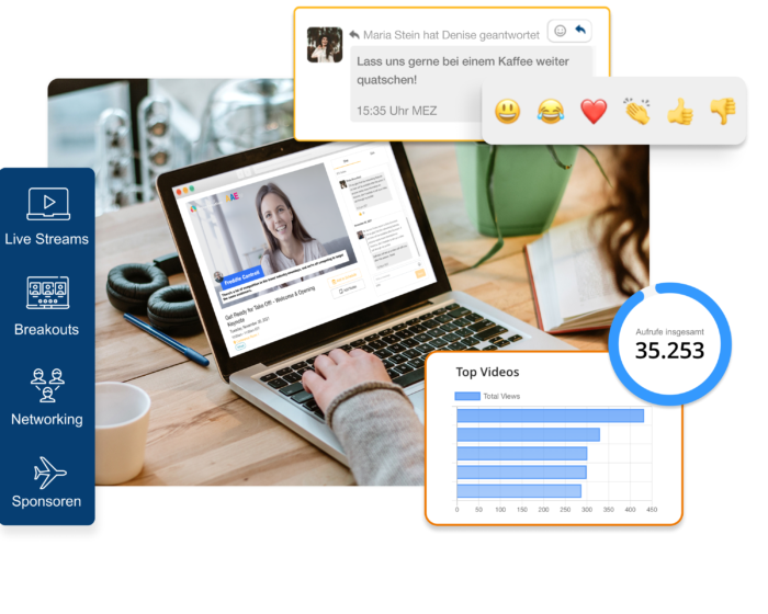 Eine Nutzerin schaut über die virtuelle Event-Plattform von EventMobi einen Vortrag auf Ihrem Laptop.