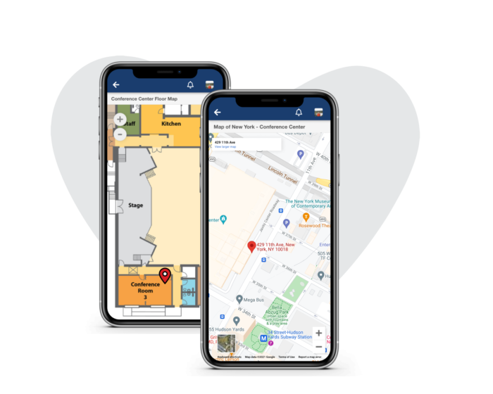 Two mobile phones, one showcasing an Interactive Event Map of New York / Conference Center, the other showcasing a conference center floormap
