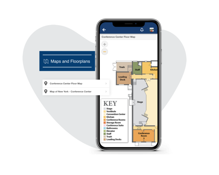 Mobile phone showcasing a conference center floormap