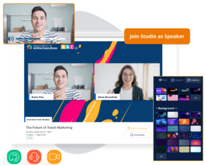 An EventMobi Studio two-speaker session with examples of EventMobi Studio live stream production design tools