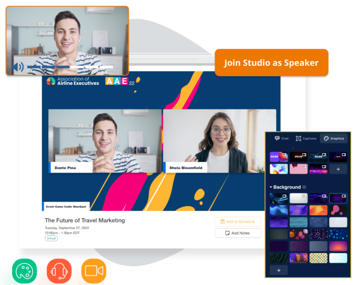 A screen displaying an event’s live stream broadcast, a popup screen with animated live streaming backgrounds, a floating “Join Studio as Speaker” button, and 3 small illustrated icons.